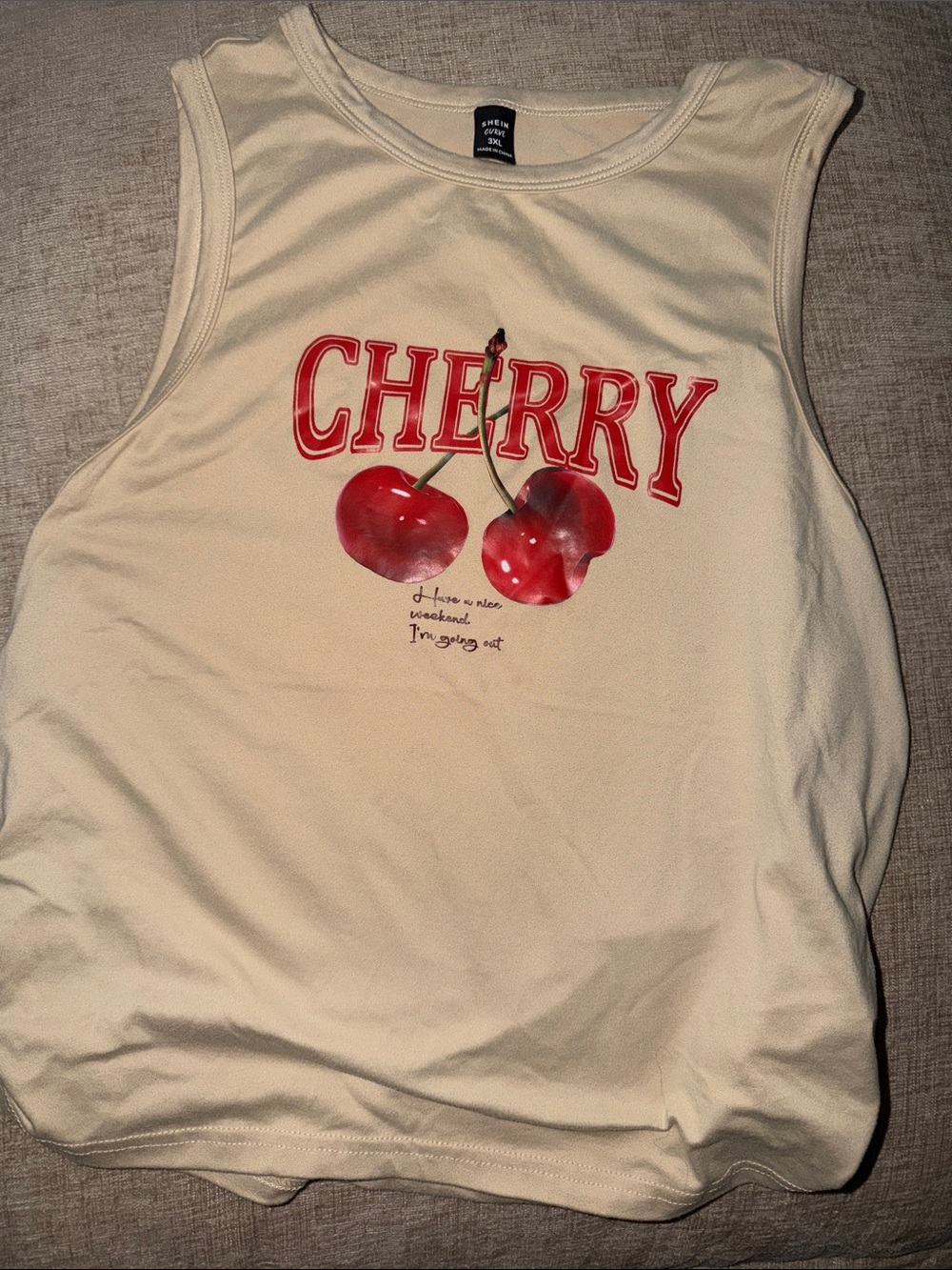 SHEIN Cream Tank with Red Cherry Graphic